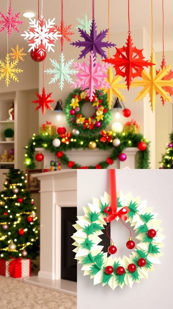 A collection of DIY paper Christmas decorations including snowflakes, garlands, and a wreath in a festive setting.